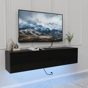 HOMMPA Floating TV Stand with Led Light for 65 Inch TVs Wall Mounted Led Entertainment Center Black with High Gloss Storage Modern Floor Mounted Media Console with Led Light for Living Room