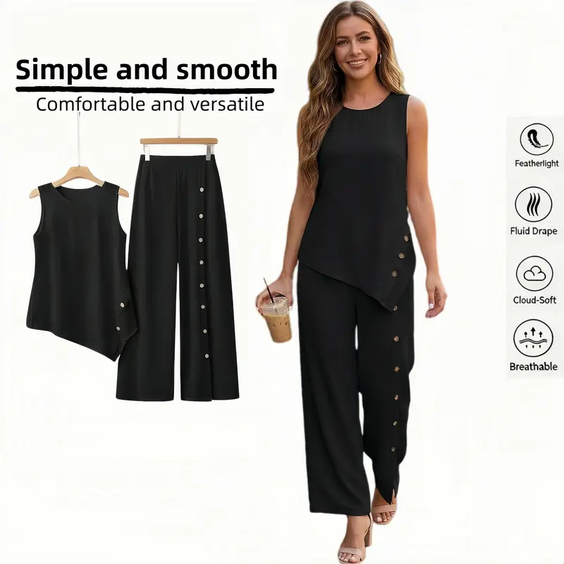 Women's 2-Piece Chic Basic Solid Cowl Neck Sleeveless Button Blouse & Wide-Leg Pants Set - Hang Dry, Casual Women's Set, Beach, Day Wear, Plus Size Multi-Season Outfit