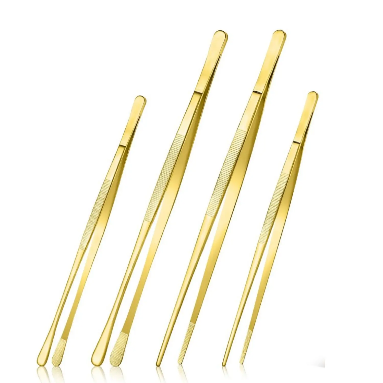 4Pcs Reusable Fine-Teeth Tip Long Metal Tweezers Set - 10in & 12in Stainless Steel Gold Tools with Slender Tips, Smooth Surface for Kitchen Grilling Accessories, Home Improvement Repairs