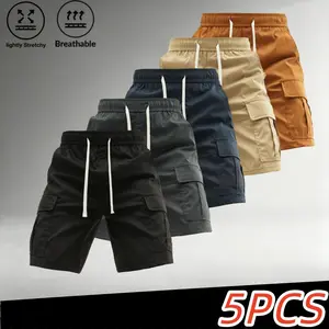 Men's Lightweight Breathable Cargo Shorts (Pack of 5), Mid-Knee Length, Elastic Drawstring Waistband, Dual Side 3D Cargo Pockets, Solid Loose Straight Cut for Outdoor Casual Wear