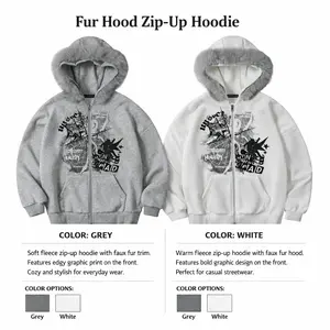 Unisex Street Style Casual Cardigan Sweatshirt American Graffiti Loose Warm Hooded Jacket Detachable Fur Collar Versatile Fall Winter Fashion American Graffiti Print + Soft Skin-Friendly Fabric Relaxed Fit Perfect for Layering Great for Trendy Parties & W