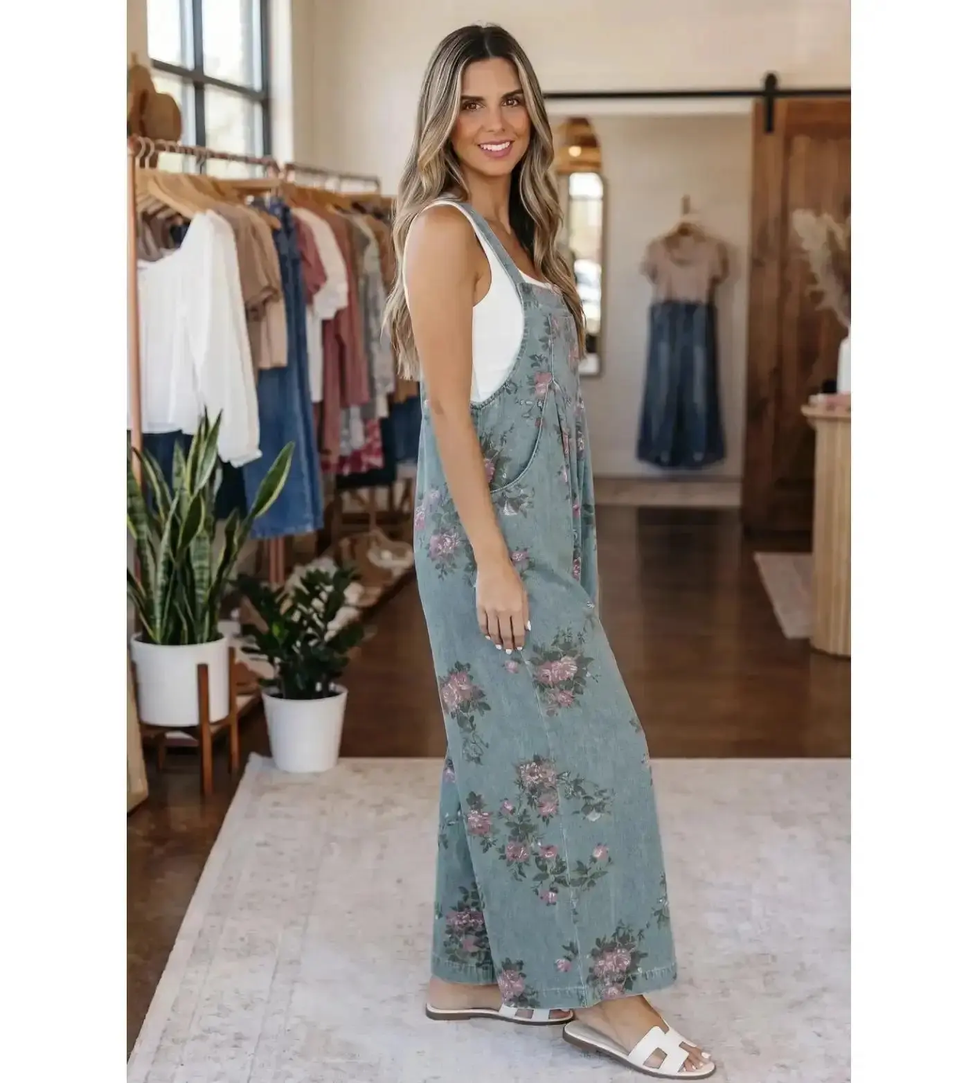 Women's Classic Sleeveless Floral Vintage High-Waisted Pleated Wide Leg Denim Overalls Coordinated Set, 50% Polyester Cotton Breathable Fabric, Adjustable Straps, Comfortable Fit, for Women,summeroutfits,vacationoutfits