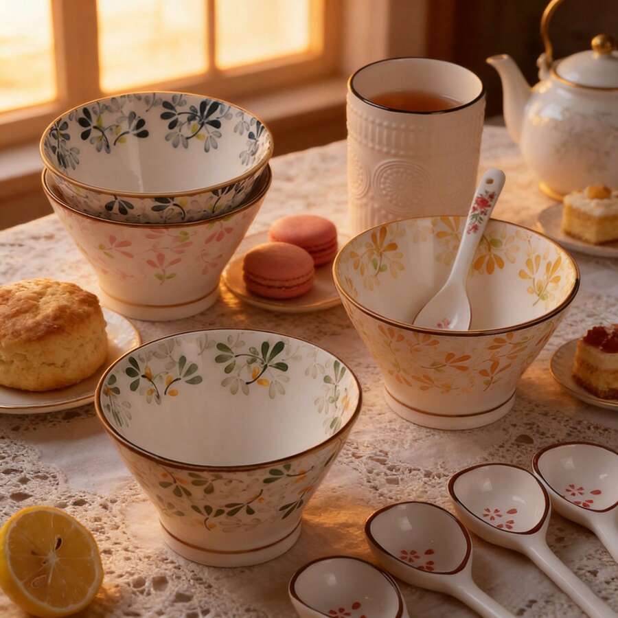 Four-piece ceramic floral dinnerware set, Japanese-style kitchen bowls, decorative bowls for living room and kitchen, four-color dinnerware set, suitable for microwave, oven, refrigerator, and dishwasher(Spoon not included)