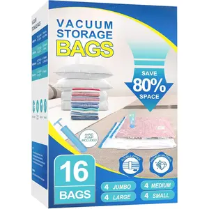 16 Pack Vacuum Storage Bags with Hand Pump, 4  + 4 Large + 4 Medium + 4 Small Plastic Packaging Bags, 80% Space Saver Vacuum Seal Bags for Clothing, Travel Lugggage, Blankets, Comforters