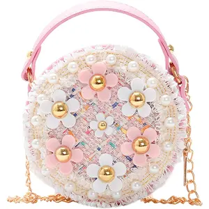 P-CBP015   Little Girls Toddler Crossbody Purse with Pearl Flowers Mini Cute Princess Handbags Shoulder Chain Bag