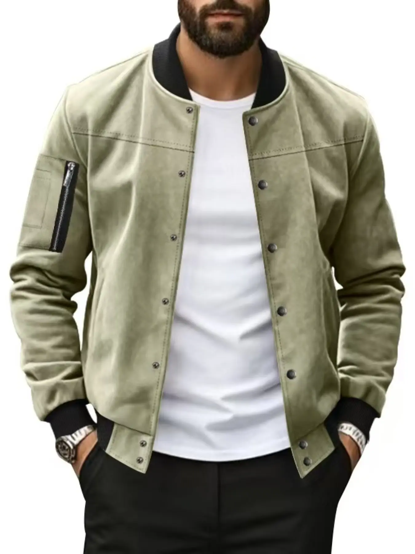 Men's Vintage Suede Velour Bomber Jacket, Button Front, Fall & Winter Fashion, Heavyweight Outerwear, Trendy Street Style Coat