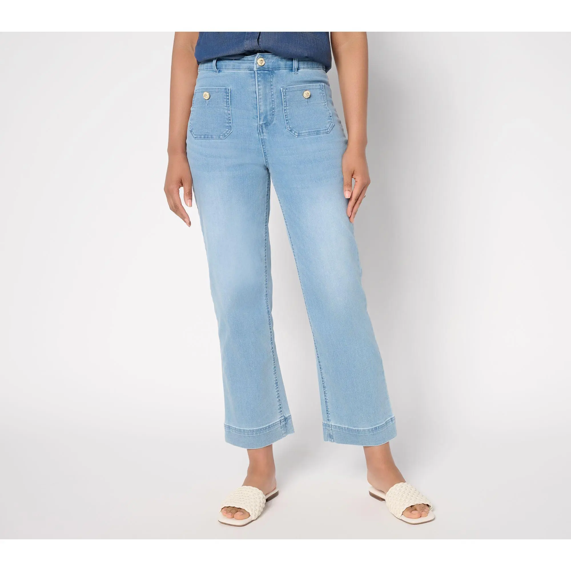 Joan Rivers Petite Luxe Vintaged Denim Trousers with Bee Button -Ind
