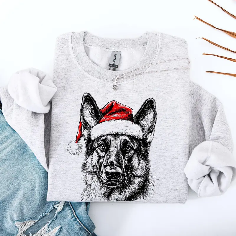German Shepherd Santa Claus Christmas Dog Lover Festive Holiday Design Sweatshirt, Crew Neck, Women's, Crewneck