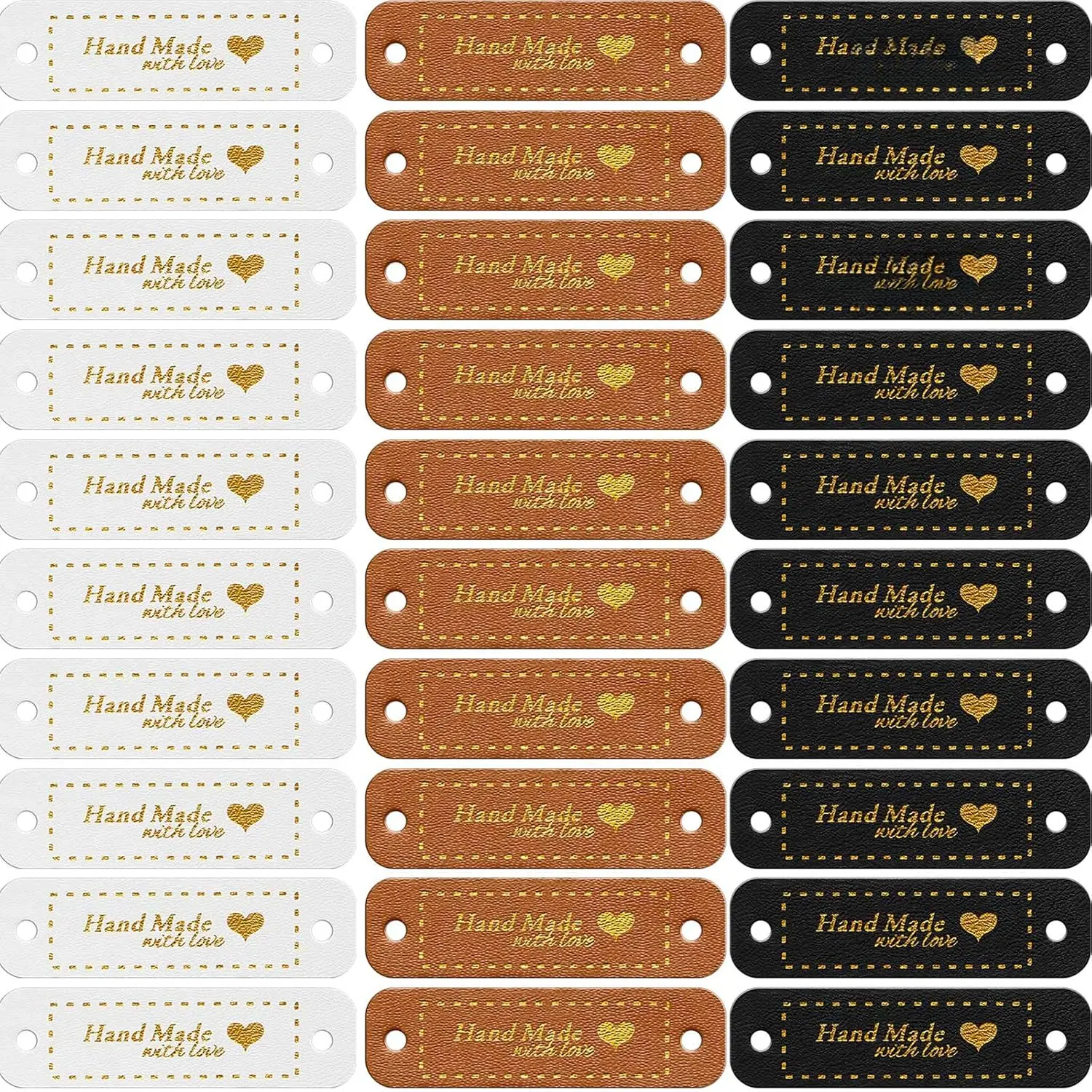30 count Leather Tags for Crochet Items PU Leather Labels Handmade Items Crochet Tags for Handmade Knit Accessories with Holes DIY Crafts Sewing Knitting(Brown, Black, White)