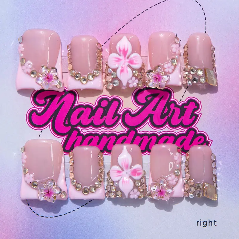 Delicate Y2K-Style Duckbill Nail Tips with Handmade Rhinestones and Heart Design, Nail Art Diy, Perfect Gift for Women