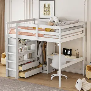 Wood Full Size Loft Bed with Built-in Wardrobe, Desk, Storage Shelves and Drawers, White