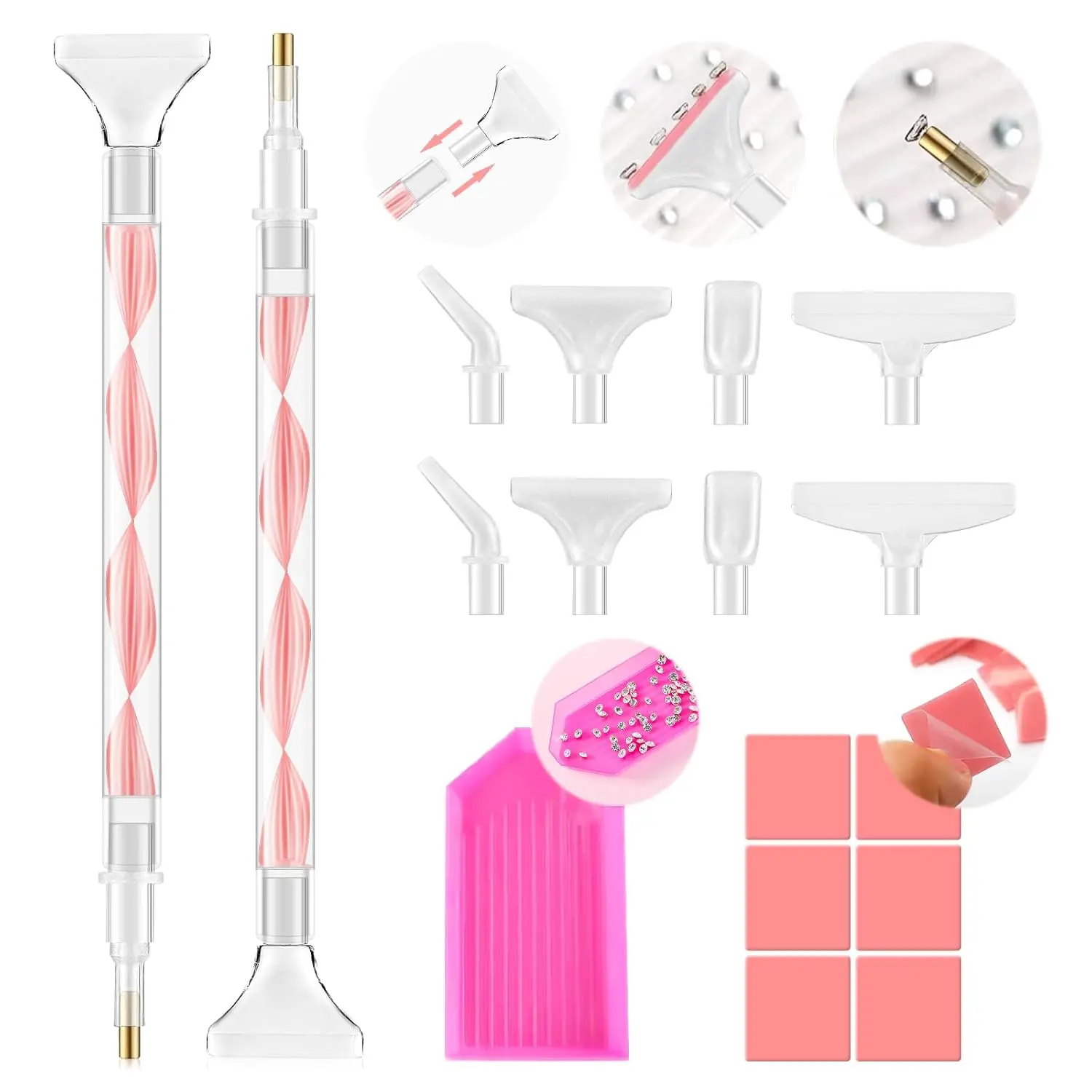 Rhinestone Picker Tool Kit: 2Pcs Rhinestone Picker Handle, Dual-Ended Rhinestones Applicator Dotting Pen with 12 Tips, Clay, Bedazzling for Nail Art Craft (Pink)
