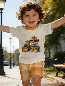 Boys' engineering vehicle style digital printed infant and toddler short-sleeve set, baby casual children's clothing, T-shirt suitable for daily and outdoor sports, 100% polyester, as a gift