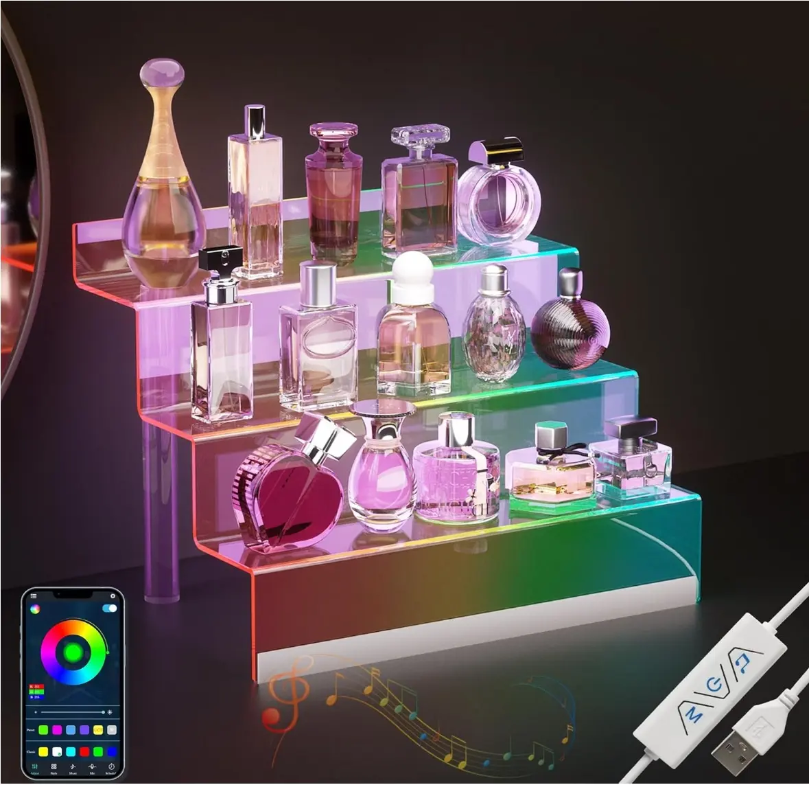 Large LED-Lighted Acrylic Storage Rack - 3-Tier Adjustable Shelf Rack, Men's Cologne Holder, Cartoon-Themed Stand, Clear Acrylic Display Box, Lighted Display Container, Portable Dessert Stand, Home Organizer Gift bathroom organizer