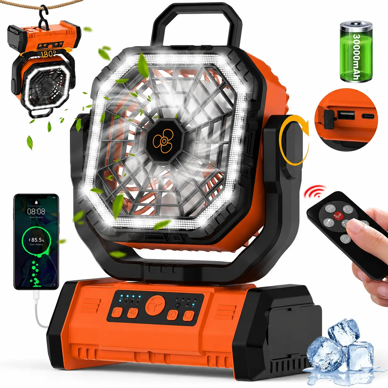 30000mAh Portable Camping Fan with Remote & LED Light, Rechargeable Battery Operated Fan, 360° Rotation Hanging Tent Fan for Outdoor Travel, RV & Home Emergency