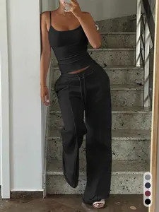 Cute & Sexy 2 Piece Lounge Set - Solid Cami Top & Flowy Wide Leg Pants, Aesthetic Loungewear for Women