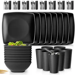 56- With Flatware Kitchen Plastic Wheat Straw Square Dinnerware Set for 8, Unbreakable Dinner Plates, Snack Bowls, Tumblers 13.5 oz, Dishwasher Safe, Black