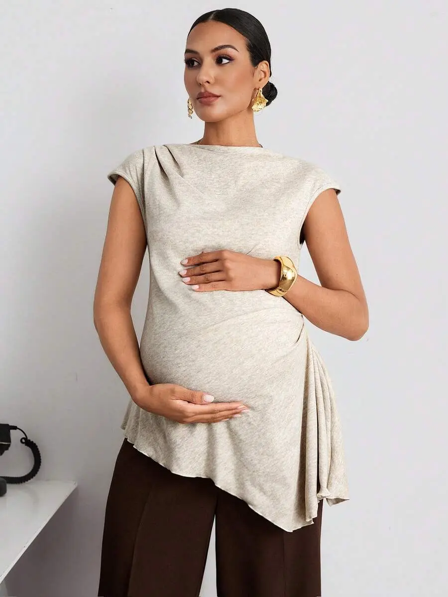 NOGN x MaterniWear Maternity Work Baby Shower Photoshoot Baby Shower Tops Business Casual Elegant Daily Commute Solid Color Pleated T-Shirt Summer