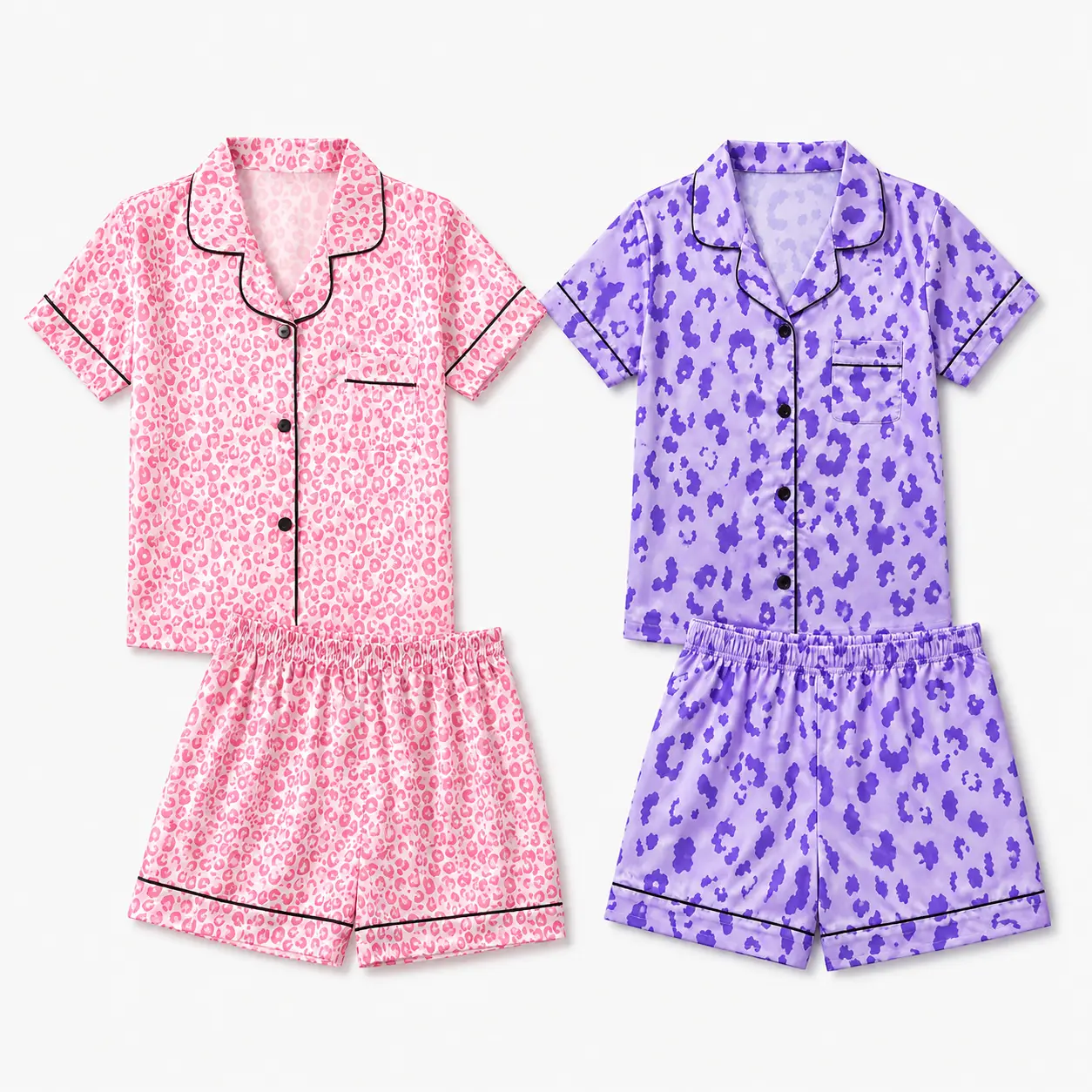 Girls Leopard Print Satin Pajama Set, Short Sleeve Button Down Top & Shorts, Silky 2 Piece PJs for Kids 5-14 Years