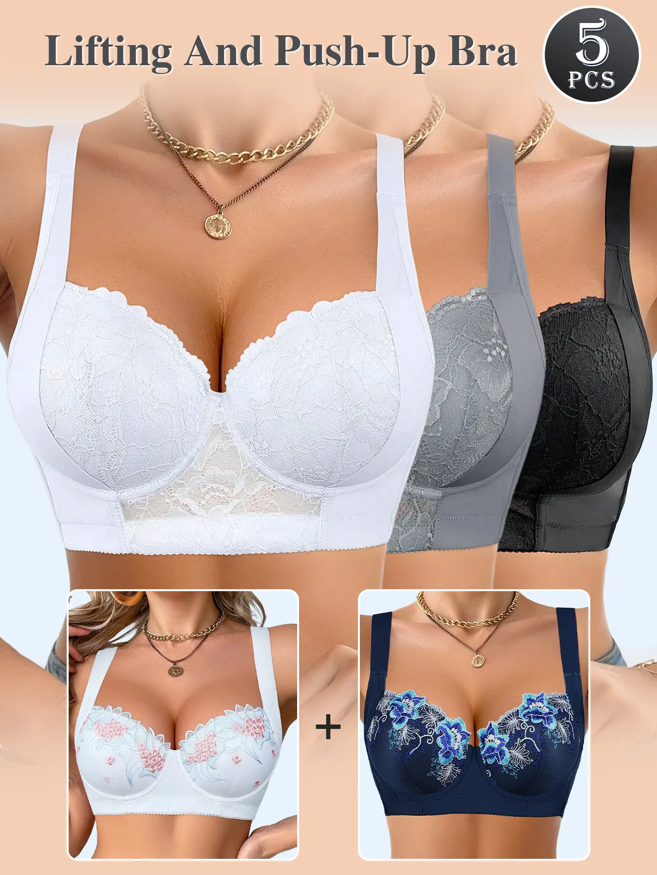 Mimilemon Elegant Lace Bra Set 3PC Black White Red Push Bras with Non-Removable Padded Cups Underwire for Support Breathable Fabric All-Day Comfort Women's Wear Elegance Basic Minimalist Womenswear Classy Fit Everyday Supportive Bra