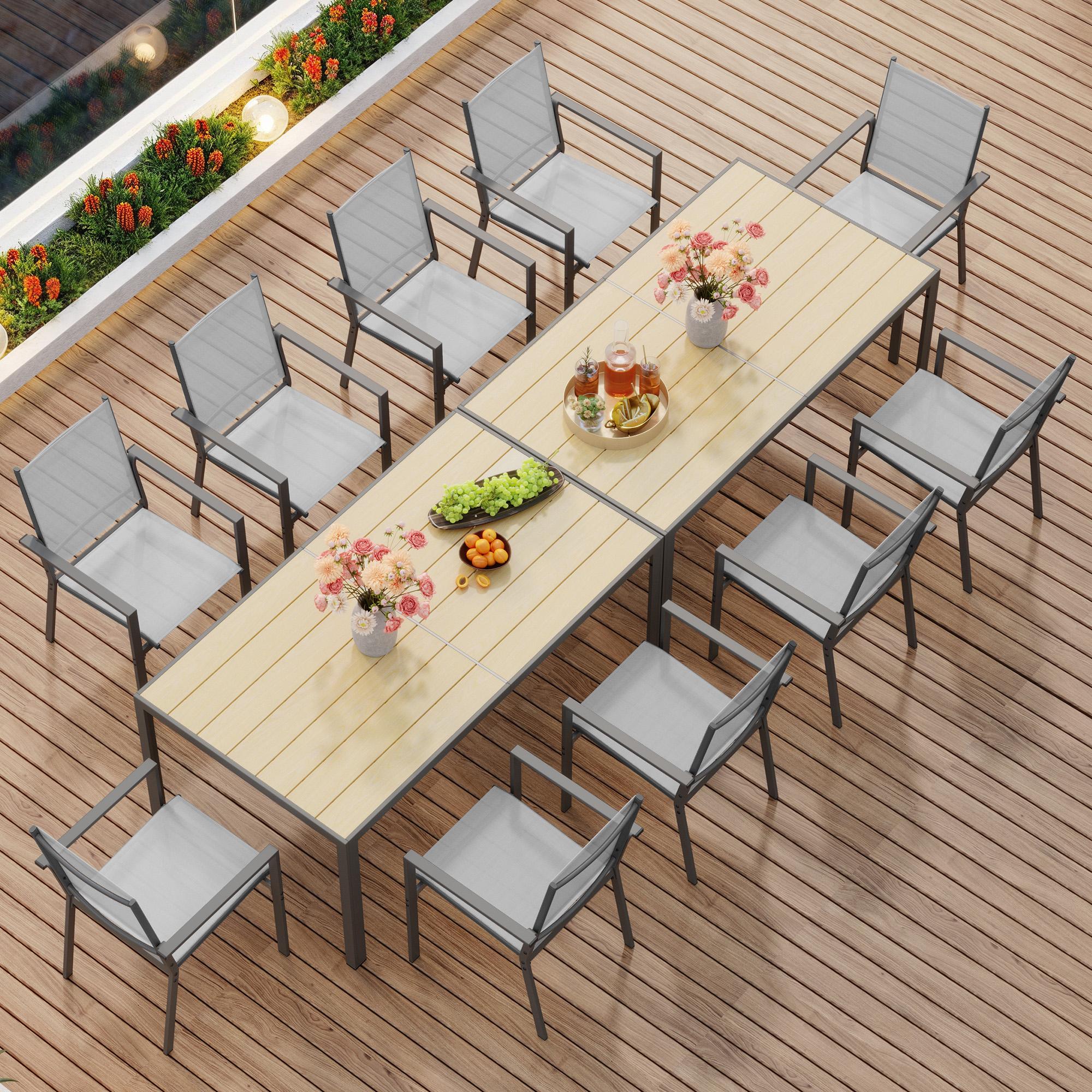 Gizoon Patio Table and Chairs Set for 6, Outdoor Dining Set Includes 59.5" Rectangle Patio Table with Side Umbrella Hole and 6 Textilene Fabric Patio Chairs for Courtyard, Backyard, Pool, Grey&Brown