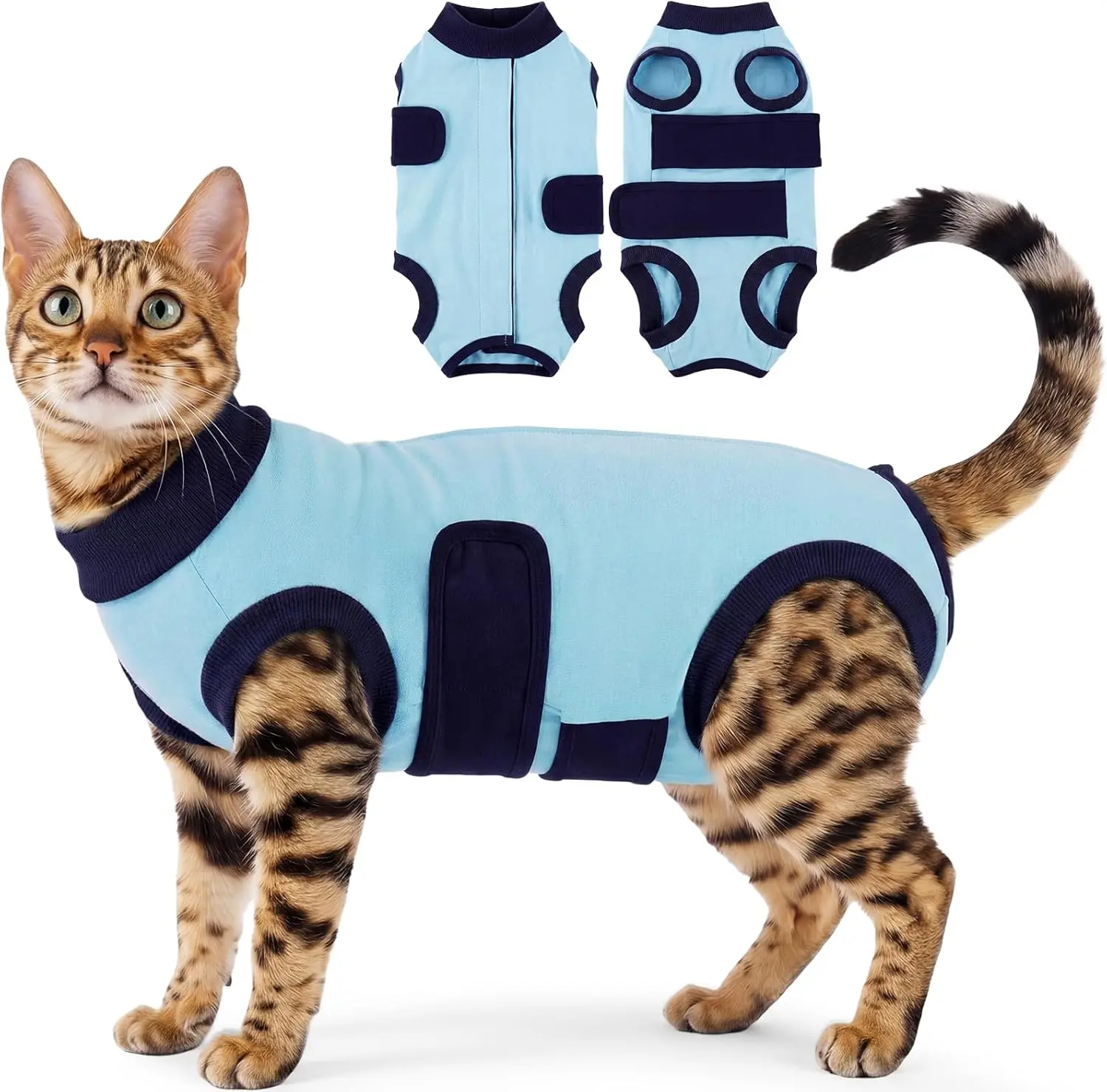 Kuoser Cat Surgery Suit After Spay Abdominal Wounds, Kitten Onesie Clothes Recovery Suit for Cats Female Male Breathable E-Collar Alternative, BluePink