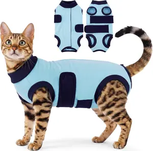 Kuoser Cat Surgery Suit After Spay Abdominal Wounds, Kitten Onesie Clothes Recovery Suit for Cats Female Male Breathable E-Collar Alternative, BluePink