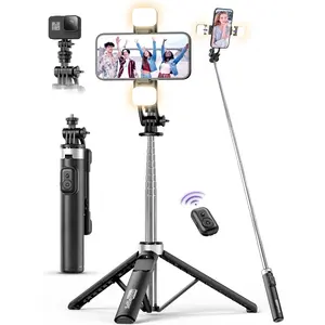 53'' Selfie Stick Tripod with Light, Extendable Selfie Stick with Remote, Portable Cell Phone Tripod Stand with All in 1 Phone Clip, Lightweight Camera Tripod Compatible with iPhone 15 14 13, Android