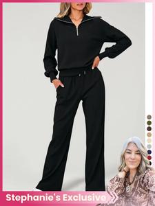 two-piece set women's solid pants set, casual half zip pullover & drawstring waist pants, fashion breathable outfits for daily outdoor wear, ladies fall clothes
