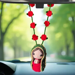 Handmade Crochet Car Rearview Mirror Hanging Ornament, Cute Mary Statue Car Interior Decoration, Car Rearview Mirror Pendant, Car Accessories, Car Interior Accessory