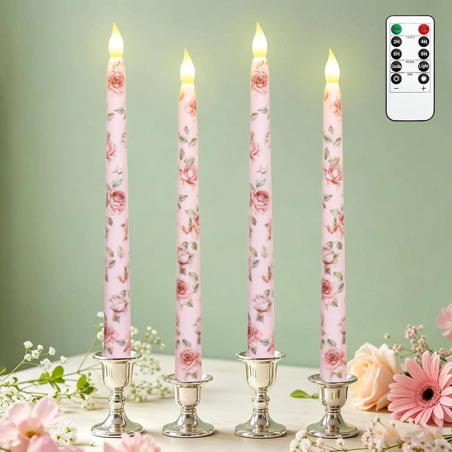 Impress Life Rose Flameless Taper Candles with Remote | Battery Operated Candlesticks, Flickering Wick, Real Wax for Spring Dinner Table Wedding Party & Valentine's Day Gifts