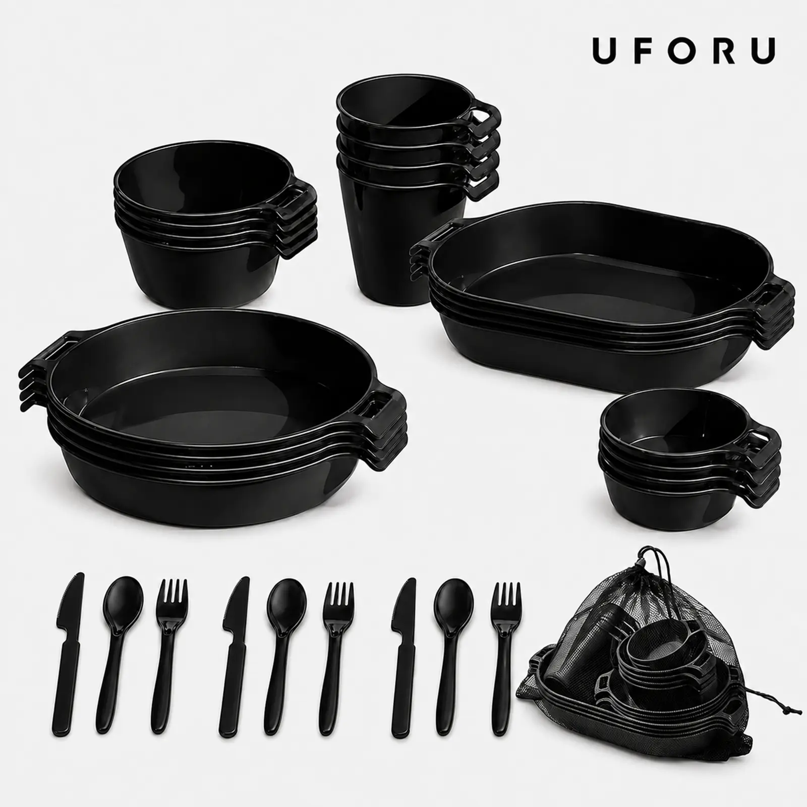 UFORU 21-Piece Black Camping Dinnerware Set, Portable Black Stackable Dinnerware with Plates, Bowls, Cups & Cutlery - Lightweight, Drop-Resistant with Mesh Storage Bag for Picnic, RV, Hiking & Travel