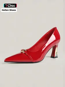 New for 2026: Stylish Women's Pointed-Toe High Heels. Featuring a PU upper and a unique metal-accented heel design, these charming red block heels are the perfect choice for proms, parties, and office wear.