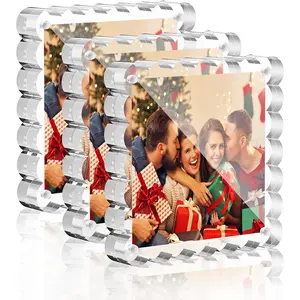 Acrylic Picture Frames 5x5, 3 Pack Clear Magnetic Lucite Frames, 20% Thicker 12+12mm Double-Sided Display, Freestanding Scalloped Design for Desktop