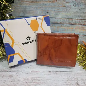 Bullcraft Genuine Leather Wallet Short Bi-fold Glossy Finish Tan with Bullcraft Logo