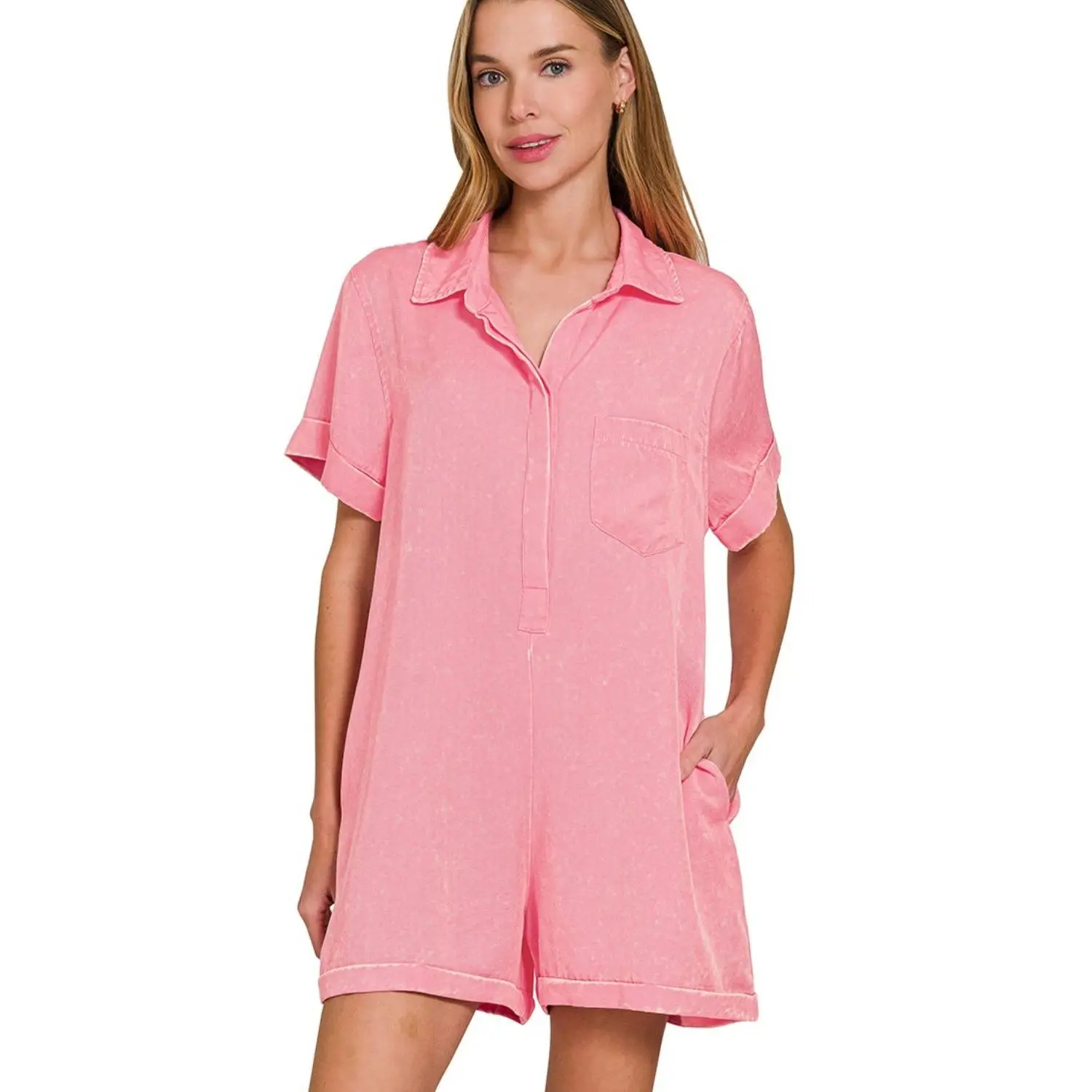 Zenana Tencel Mineral Washed Half Button Shirts Romper