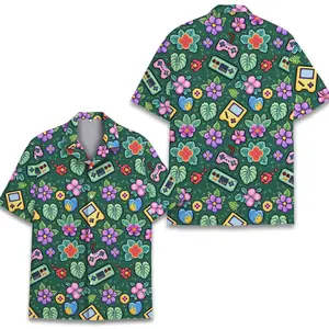 Retro Game Console Hawaiian Shirt for Men Women, Vintage Pixel Art Floral Aloha Shirt, Summer Gaming Button Down, Fun Vacation Gift