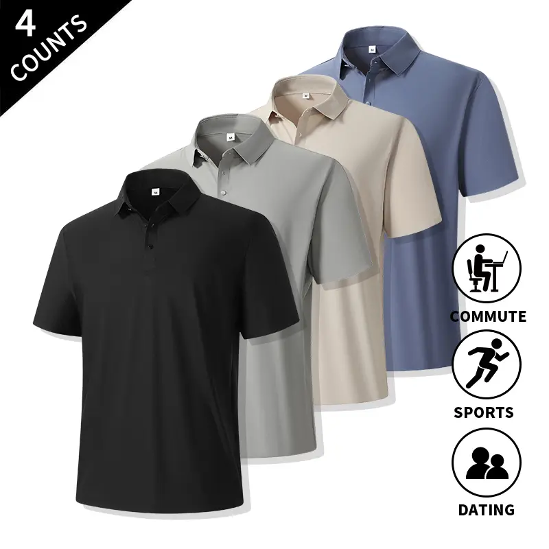 Summer Vibes 4-Pack Men’s Casual Short-Sleeve Buttoned Polo Shirts with Lapels, Solid Tops, Multiple Color Options — Ideal for Daily Commuting, Sports, and Dates