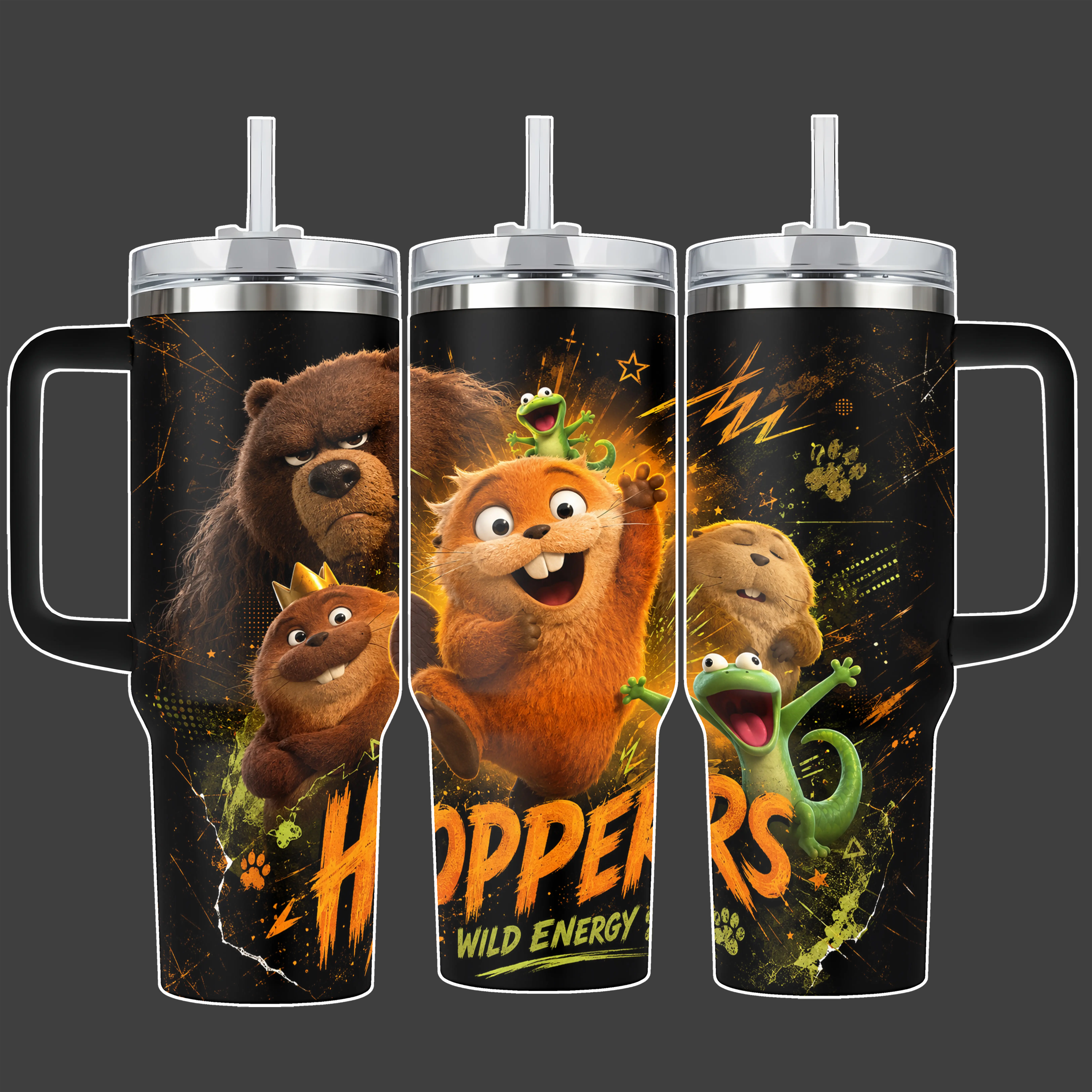Hoppers Wild Energy Cartoon Animal Tumbler Cup, Orange Beaver Green Lizard Full Wrap Stainless Steel Insulated Tumbler 20oz/40oz With Straw Lid Included, 40oz Handle Option