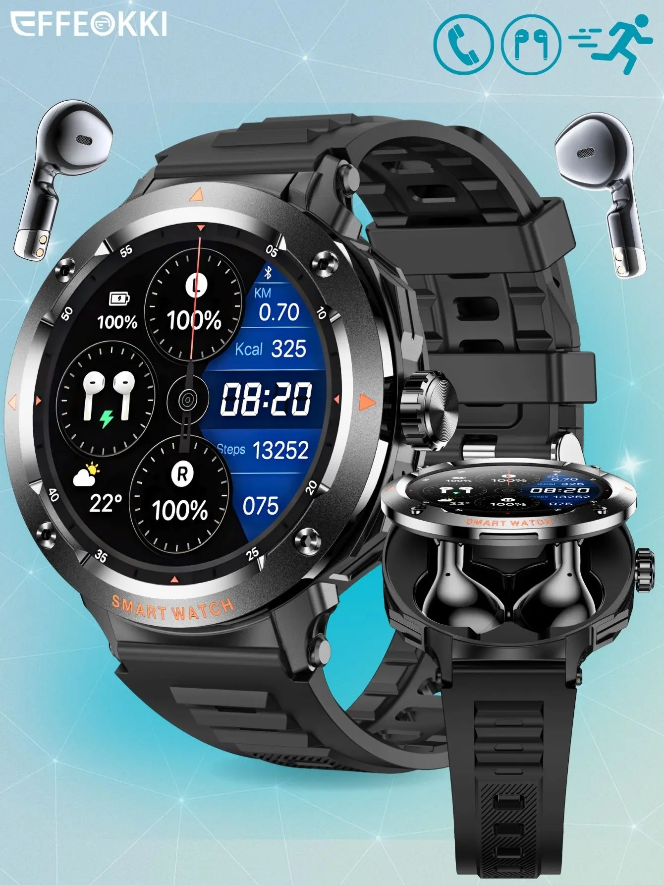 EFFEOKKI Black Sport Style 2 in 1 Smart Watch with Earphones - Zinc Alloy Bezel, 1.46 Inch Full Touch Screen, Heart Rate Blood Oxygen Sleep Monitor, Multi Sport Fitness Tracker, Compatible with iOS Android, Gift for Men, Husband, Dad, Boyfriend fathersday