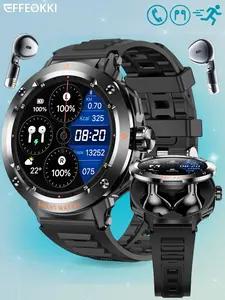 EFFEOKKI Black Sport Style 2 in 1 Smart Watch with Earphones - Zinc Alloy Bezel, 1.46 Inch Full Touch Screen, Heart Rate Blood Oxygen Sleep Monitor, Multi Sport Fitness Tracker, Compatible with iOS Android, Gift for Men, Husband, Dad, Boyfriend
