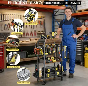 Heavy Duty Rolling Tool Storage Cart, 3 Tier Garage Organizer with Wheels, Power Tool Holders & Side Shelves for Drill Batteries, Perfect for Workshop Garage Home Use