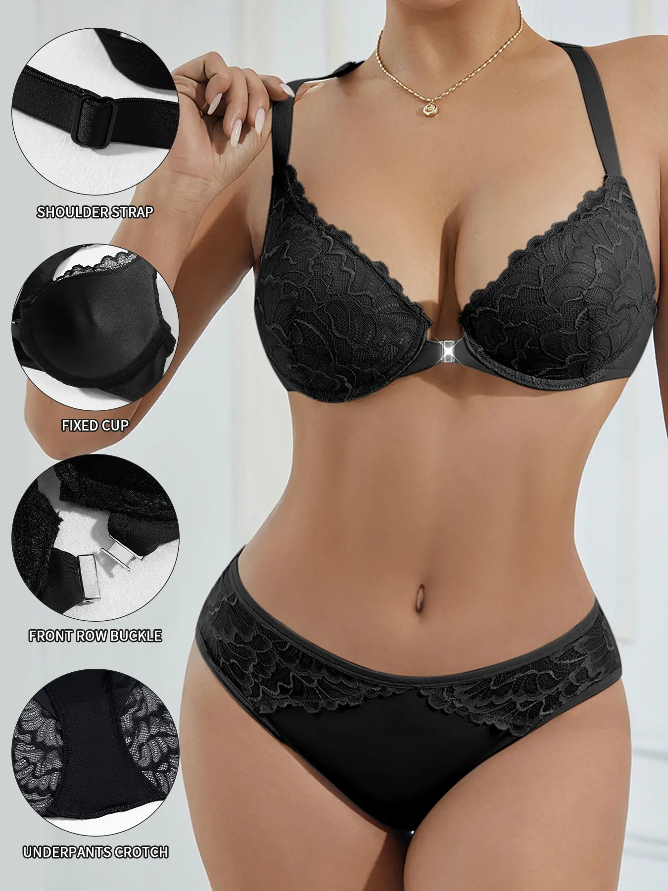 1 set Lace patchwork underwear panty set with underwire front button bra Gathering top support Non-removable integrated coaster Everyday casual date wear Comfortable, soft and breathable High quality women's lingerie bra set