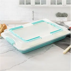 Sheet Cake Pan with Lid, 15"×10"×2" Deep Jelly Roll Pan, Non-Stick Ceramic Coating Baking Pan, Oven Safe 450°F, PFOA & PTFE Free, Bake & Carry for Texas Sheet Cake, Brownies, Potluck (Teal)