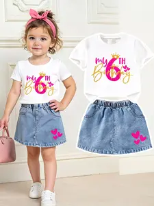 Girls' Sixth Birthday Set, Short Sleeve T-Shirt with Gold Sequins and Crown, Light Blue Jeans Skirt with Heart Pattern, Casual Fit