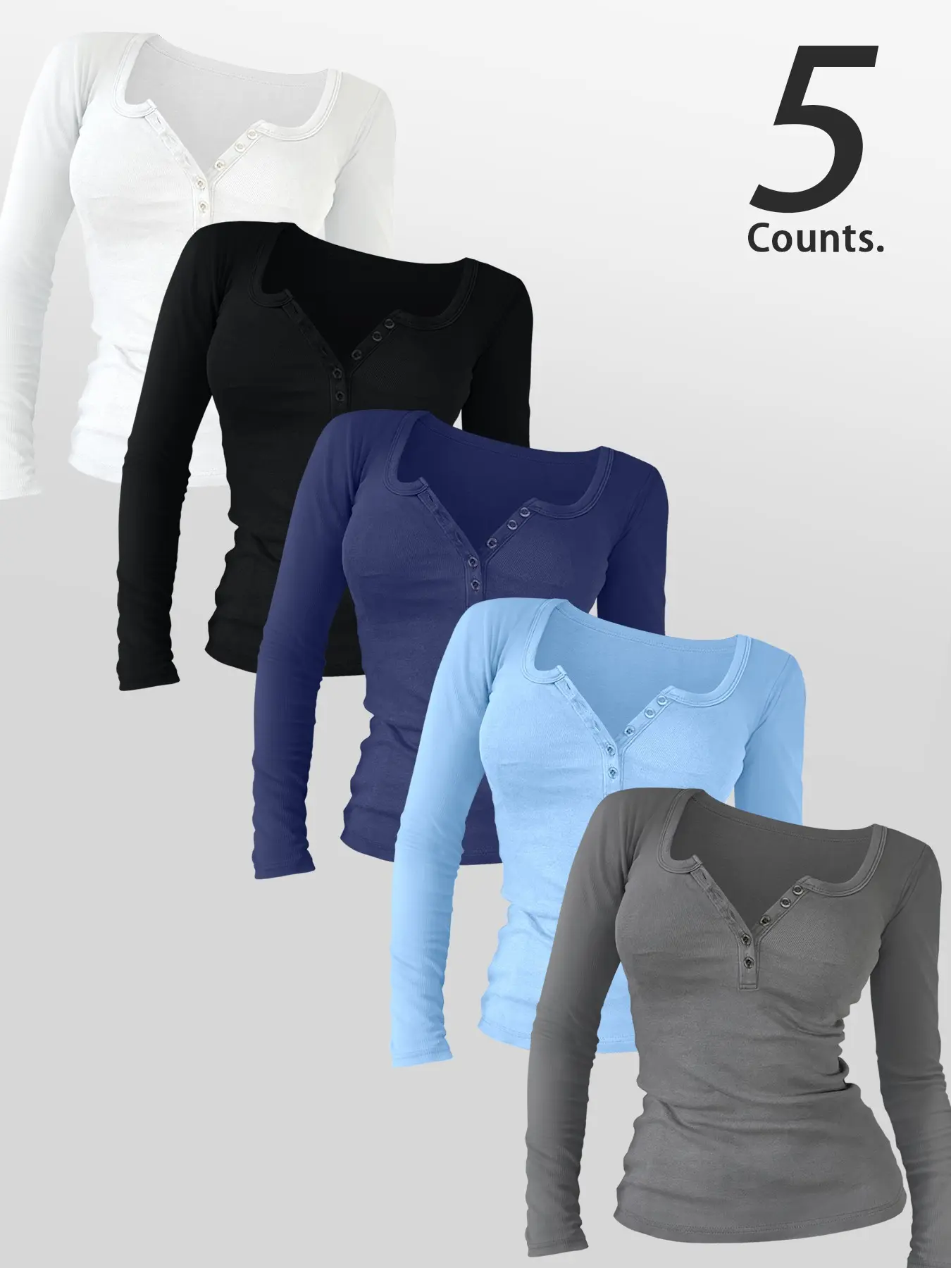 Spring Fall Fashion Basic Casual Thin Soft Fitted Long Sleeve Round Neck Solid Color  5 Pieces Women's Top T-Shirt with Buttons, Comfortable Fabric for Daily Wear