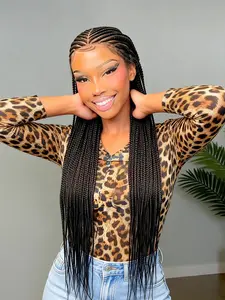 36 Inch Cornrow Wig for Women, Square Braided Wig with Baby Hair, Middle Part, Mixed Lace Front Wig, Full Lace Front Hair, Synthetic Fiber Wig, Synthetic Braided Wigs