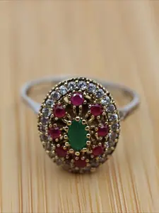 Retro Boho Red Cubic Zirconia Two Tone Golden Ring For Women Unique Silvery Ring Turkish Handmade Ring Daily Party Vacation Jewelry Gifts Statement Multi Ring Boho Style Rings