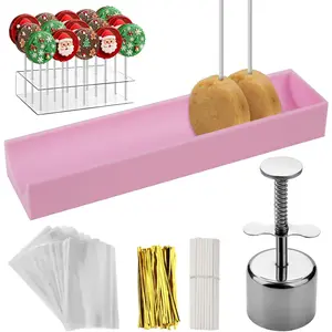 Cake Pop Mold Set with Acrylic Cakepop Stand, Stainless Circle Cake Pop, 9 Inch Tray, 100 Pcs Sticks, 100 Pcs Clear Wrappers, 100Pcs Gold Twist Ties for Home Baking Parties