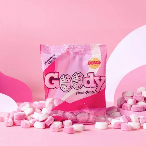 Bubs Goody Strawberry & Vanilla Ovals 90g - Vegan Bubs Goody Strawberry & Vanilla Ovals 90g - Vegan